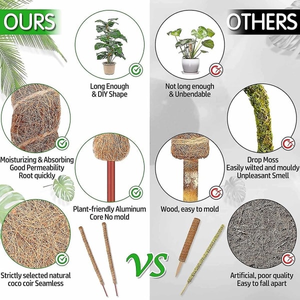 4-pack 25\" Coco Coir Moss-stång, uppgraderad böjbar växtstakes mossstång för Monstera med vridband SQBB