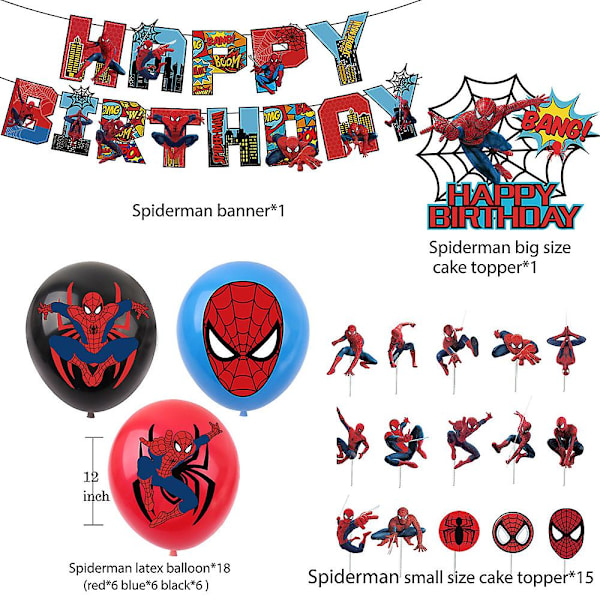 Spiderman Födelsedagsfestdekorationer inkluderar Grattis på födelsedagen Banner Tårta Toppers Superhjältetema Festdekorationer för barn Pojkar Flickor