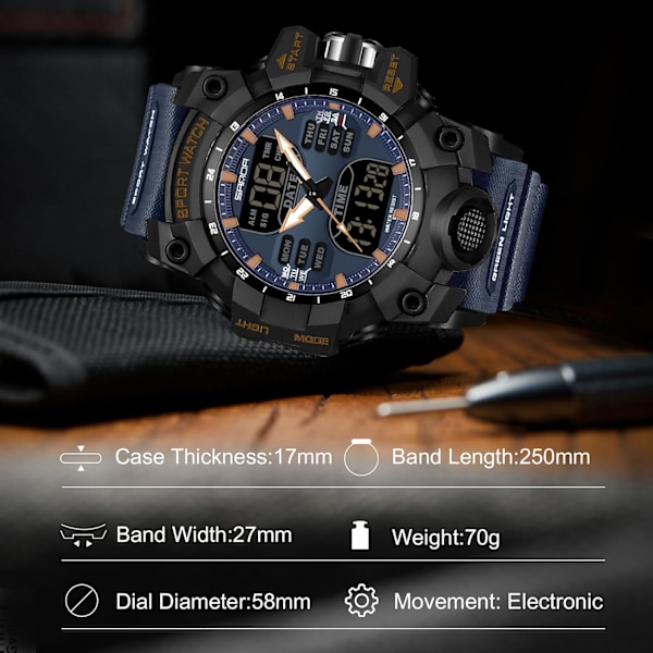 Herrar Sport Armbandsur Multifunktionell Elektronisk Klocka Digital Kvartsur Dubbel Display Klocka för Pojke 50m Vattentät Svart Blå Black blue