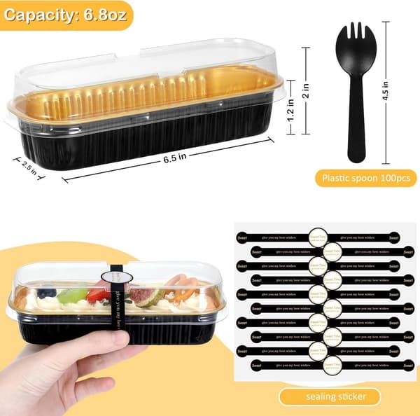 Brödbakform - brödform - 50-pack mini-limpformar med lock och skedar - Rektangulära foliebakformar - Svart - 17x5.6x2.5cm