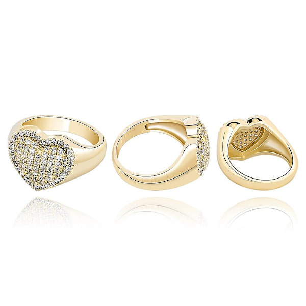 Hip Hop Guld Silver Färg Hjärtring Koppar Iced Out Cubic Zirconia Mode Delikat Smycken Present Män Kvinnor Guld Gold