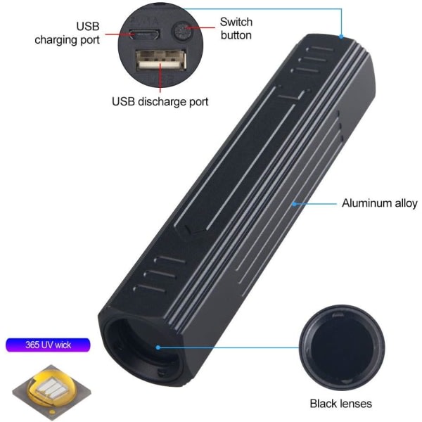 365nm uppladdningsbar UV-ficklampa med svart filter för att härda