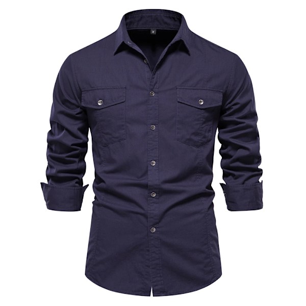 2023 Ny höst militär stil 100 % bomull ficka skjorta för män enfärgad smal casual herrskjortor långärmade DarkGrey XL