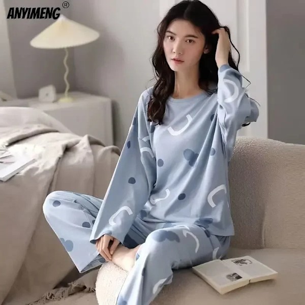 M-5Xl Stor Storlek Hösten Vår Pyjamas Set För Kvinnor Kawaii Tryckning Sömnkläder För Tjej Mode Lång Ärm O. Nack Kvinnas Pijamas 9 XXL 63-70KG