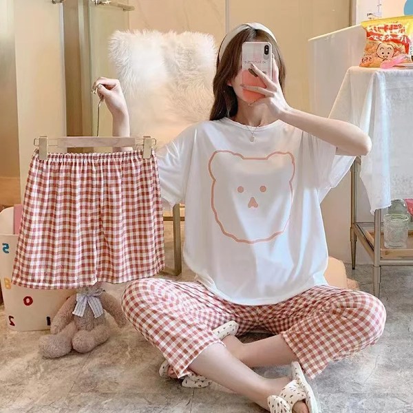 Naisten Uusi Pyjama 3-osainen Naisten Kesä Lyhythihainen Löysä Korealainen Versio Opiskelijoiden Suuri Koko Suuri Koko Suuri Koko Kotipyjama Sininen 40-70kg