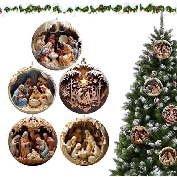 5-delt Julekrybbe Ornamentsett, Kristne Juledekorasjoner, Souvenirgaver Packaging of 5 pieces