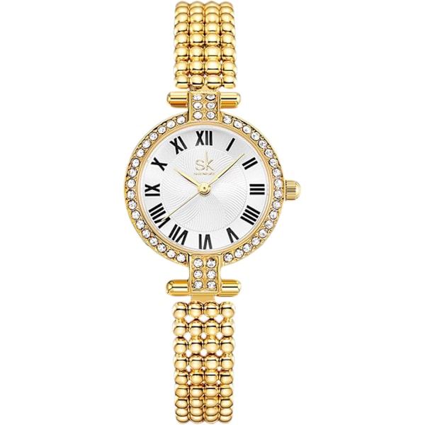 Pärlkedja Klocka för Kvinnor Vintage Liten Urtavla Armbandsur Analog Kvarts Damklocka Diamant Vattentät Klocka med Rostfritt Stål Armband Guld Gold