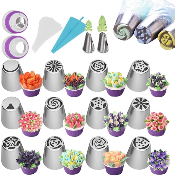 Cupcake glasursett - Kakedekorasjonstips, glasurposer | Med konditorpose kakedekorasjonstips for glasur kaker 27 st-tpu premiummodell