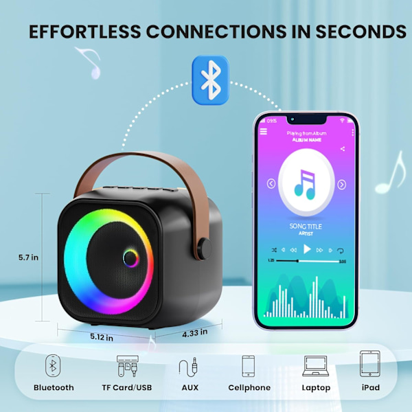 Bærbar Karaoke-høyttaler med 2 mikrofoner for barn og voksne - Svart Black 1 Mic