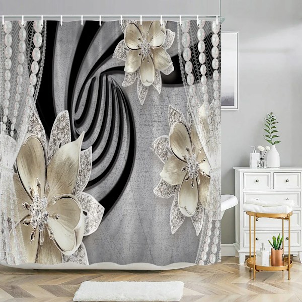 Elegantti ja tyylikäs fantasiahelmi- ja timantti-kimppu 3D-tyyli suihkuverho ja kylpymattosetti Koti kylpyhuoneen sisustus 3145SD -verho W180xH180cm