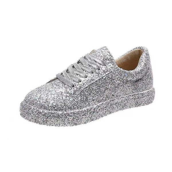 SQBB Kvinnor med snörning Glitter Sneakers Glitter Casual Jogging Sneakers Platta skor silver