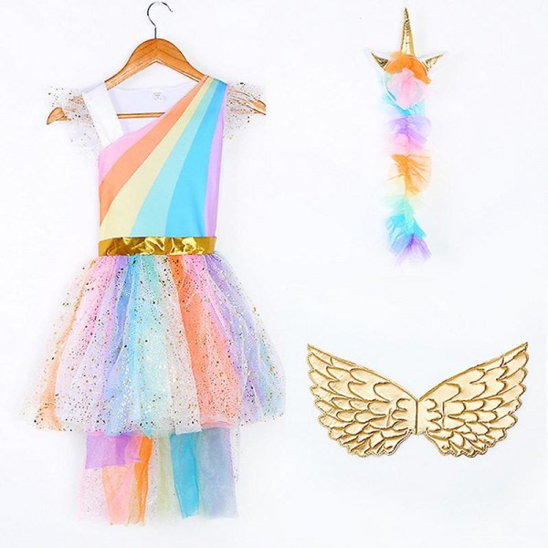 SQBB Unicorn Cosplay Kids Girl Performance Costume Fancy Dress Up Wings Hårband Princess Outfit 8-9 år