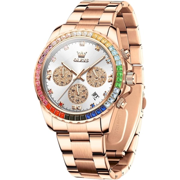 Modearmbåndsur Elegant Multifunktionelt Ur Analogt Kvartsur Diamant Rustfrit Stål Armbåndsur Chronograph Lysende Ur Rosenguld Hvid Rose gold white