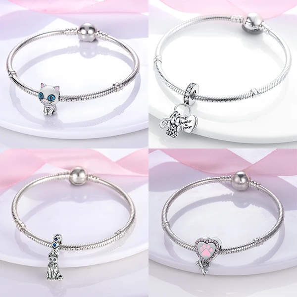 925 Sterling Silver Katt Och Hund Serien Bästa Vän Hängande Fit Original Pandora Armband Charms Pärla Halsband Diy Fe Fe Fe Fe Fe Fet Smycker SMC3810