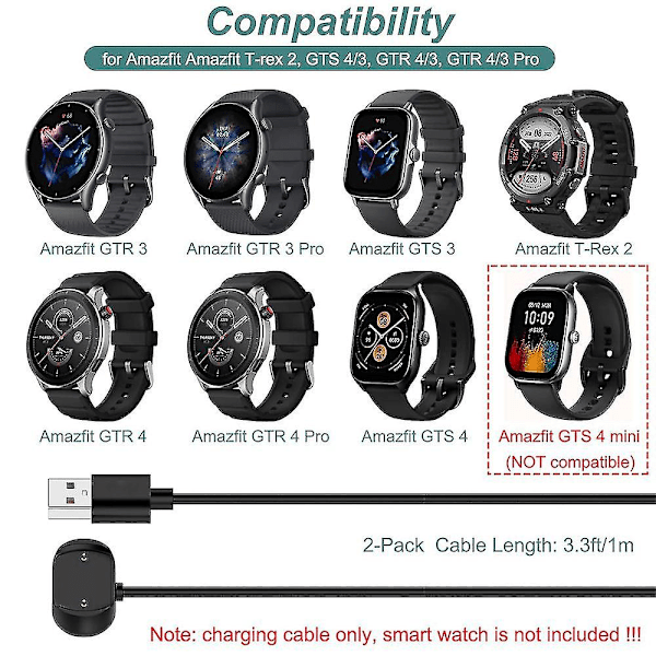 Oplader kompatibel med Amazfit T-rex 2, Gtr 4, Gtr 3, Gtr 3 Pro, Gts 4, Gts 3, Erstatningsopladningskabel