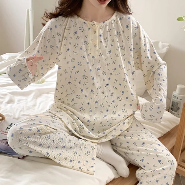 Nytt Lätt Randiga Kräpp Lång Ärm Pyjamas För Kvinnor Mode Söt Våren Höst Hem Kläder AQY8806 blå blommig L