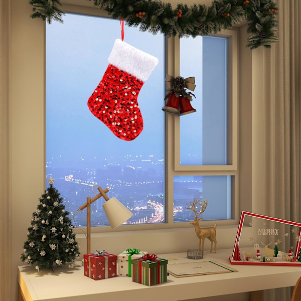 Julstrumpa | Glittrig julstrumpa | Juldekoration | Julstrumpor | Heminredning | Hållare för barn julstrumpor | Glittrande julstrumpa till jul Röd