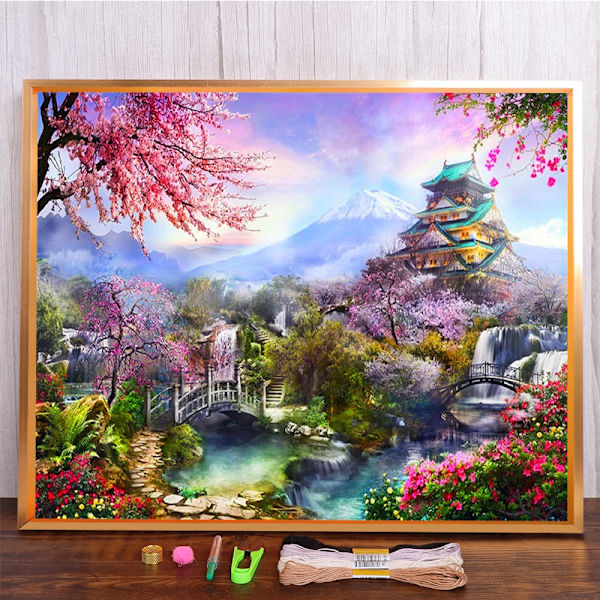 Landskab Kirsebærblomstringstræ Trykt stof Korssting Sæt Broderi Håndarbejde Håndværk Hobbysømning Mulina Engros Stemplet HMA70938 40x50cm