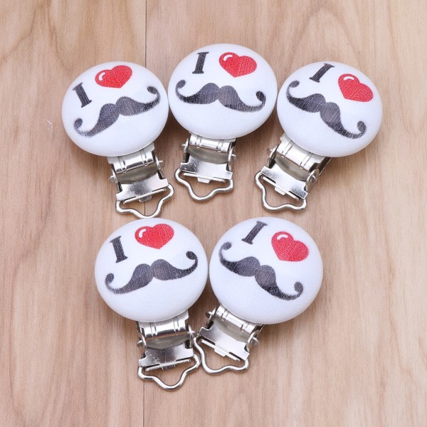 SQBB 5 st/lot metall trä baby nappklämma rund söt mustasch mönster 4,4 cm x 3 cm