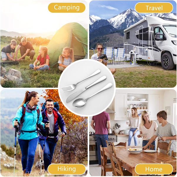 Camping bestickset, resebestick, bärbart bestickset i rostfritt stål med låda, för vandring, resor, picknick, kontor, skola gul