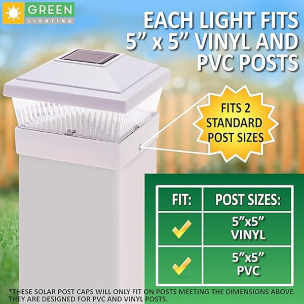 Klassiske solcellelamper for stolpefeste tilpasser seg 5 x 5 pcv/eksterne solenergivinyl for stolpefeste, gjerdestolpe, landskapsarkitektur, hvit