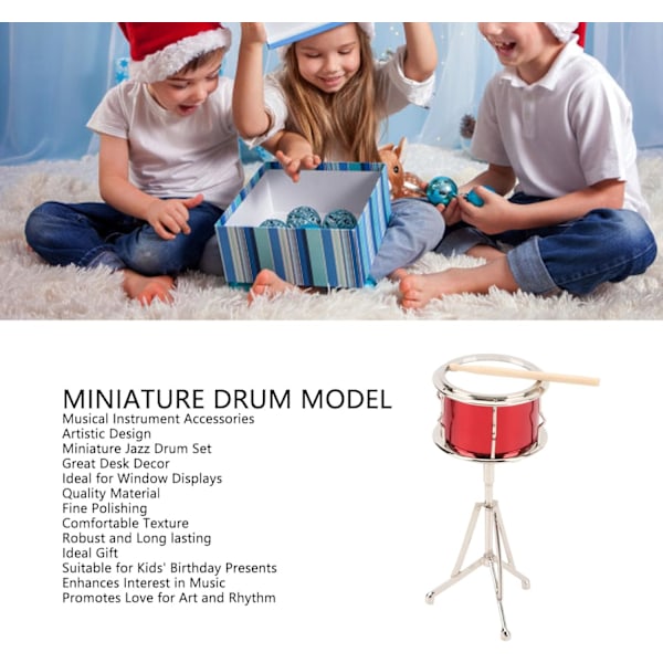 Miniatyrtrumma i trä, leksaksinstrument, tillbehör till musikinstrument, inredning för musikrum, liten trummodell i trä och metall med trumstockar