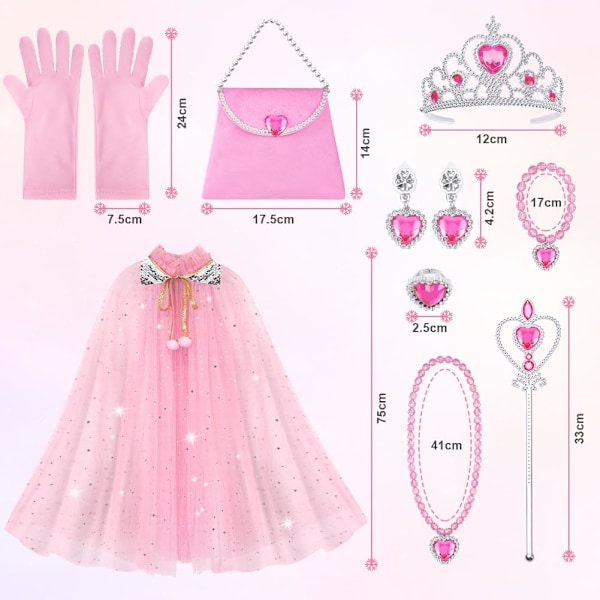 Prinsessakapset för barn, krona, trollstav, halsband och handskar för utklädning Rosa