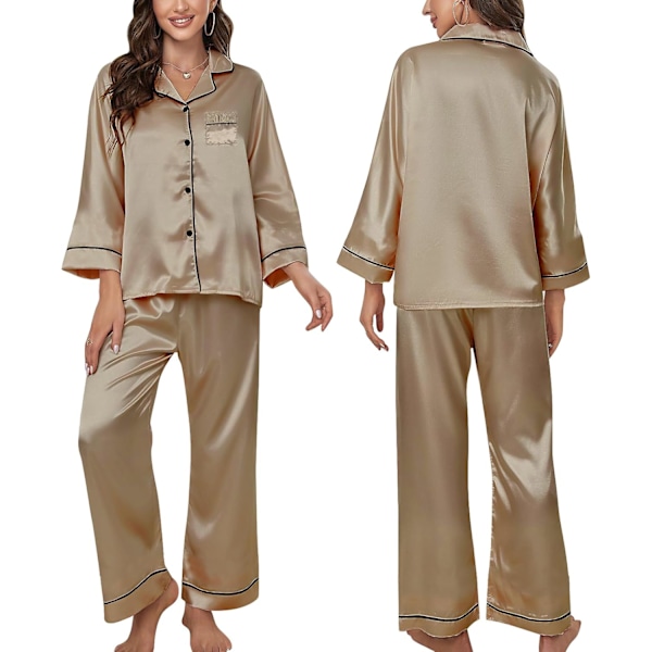 Dam Silkespyjamas Set, Långärmad Satinpyjamas, Mjuk Brudnattkläder Set Champagne L