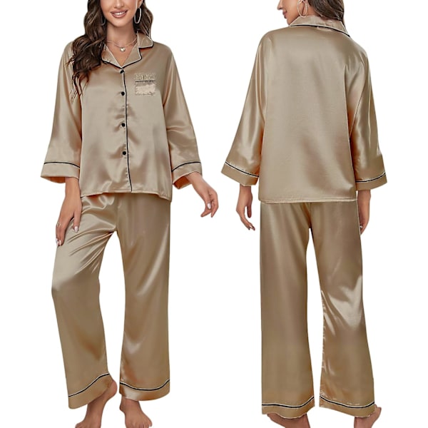 Naisten silkkiset pyjamasetit, pitkähihaiset satiini-PJs, mukava yöasu morsiamille Champagne M
