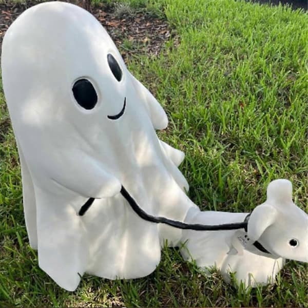 Walking Ghost with Dog Statue, Halloween Horror Ghost Statue Decoration, Ghost Walking with His Ghost Dog (Boy) Medium White-max White