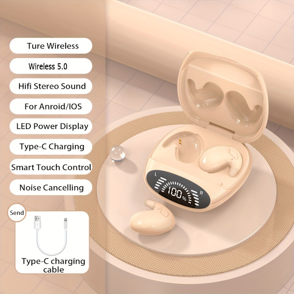 Ultratunna trådlösa sömnhörlurar, trådlösa superstandby-hörlurar, on-ear Sports Invisible Subwoofer-hörlurar för IOS, IPhone, Android Game Low Khaki