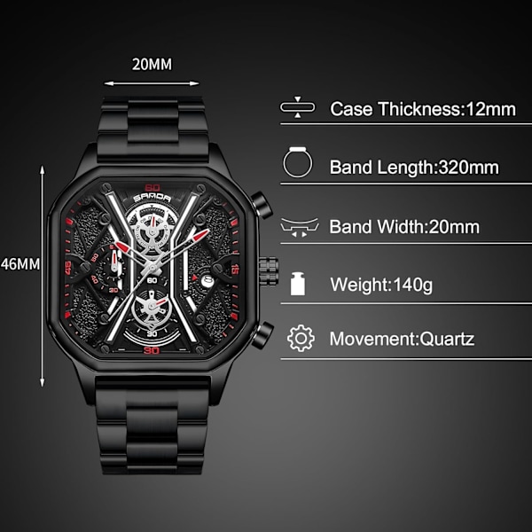 Herrar Business Rostfritt Stål Klocka Luminous Analog Armbandsur Multifunktionell Chronograph Klocka Mode Kvadratisk Klocka Svart Röd C Black Red C