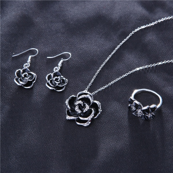 Vacker svart ros camellia halsband örhängen set tyg litet fräscht hänge kvinnor