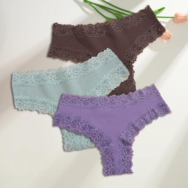 3st/set Bomull brasilianska underkläder för kvinnor Sexiga spetsribbade blomstringtrosor Kvinnliga Andas Solid T-back Bikini S- SET 16 XL