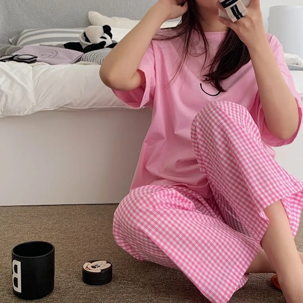 Kvinnors 2-delad pyjamas Homewear vår och höst pyjamas sommar pyjamas kvinnors kortärmade byxor set för hemmakläder vit 40-70kg