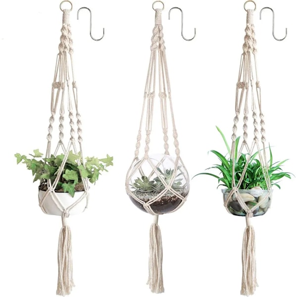 3 x Växthängare Makramé Planter Hängande Blomkruka med Bomullsrep Blomkrukehängare Växthängare för Inomhus Utomhus Tak Balkong Väggdekoration