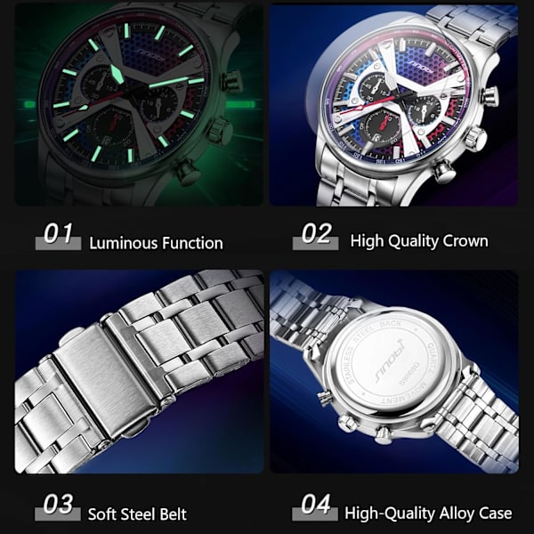 Herrarmbandur Analog Kvarts Klocka Mode Multifunktionell Armbandsur Affärsklocka Vattentät För Män Män Rostfritt Stål Armband Silver Vit Silver white