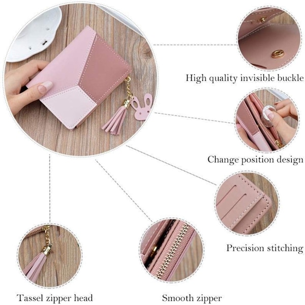 Liten plånbok för kvinnor, tjejer Bifold Slim PU-läder (rosa)