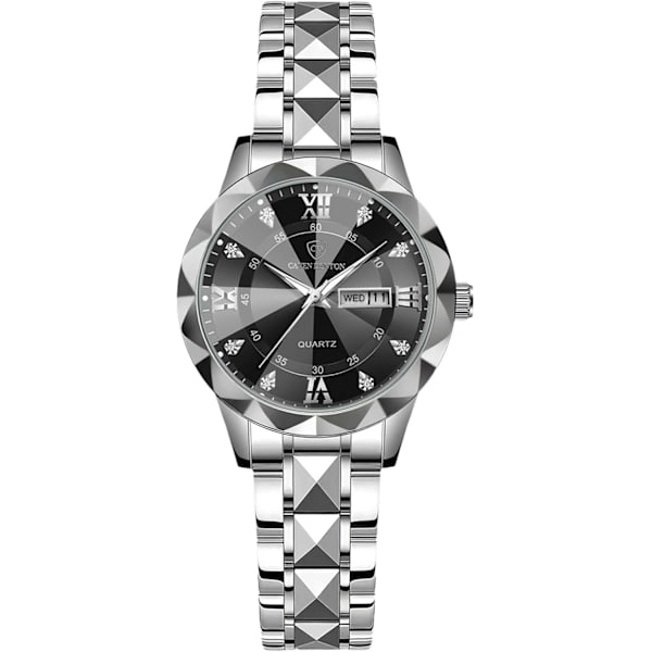 Yksinkertainen naisten rannekello, ruostumaton teräs, elegantti analogi quartz, valaiseva musta B Black B