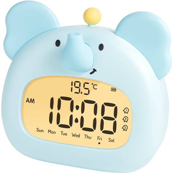 Børnevækkeur, Elefant Natlampe, Digital Søvntræner Med LED Display, 3 Alarmer, Nedtællingstimer, Genopladelig, Blå