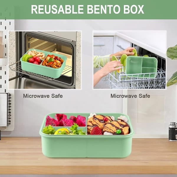 Lunchlåda för vuxna, 1200 ml Bento-låda för barn med 3 fack, läckagesäker Bento-lunchlåda med bestick, grön (grön)
