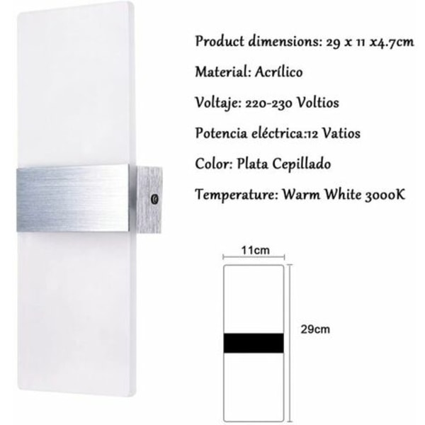 12W LED Vägglampa för inomhus Enkel Grå Borste Design Glas Vägglampa för Sovrum Vardagsrum Badrum 29CM [Energiklass A]