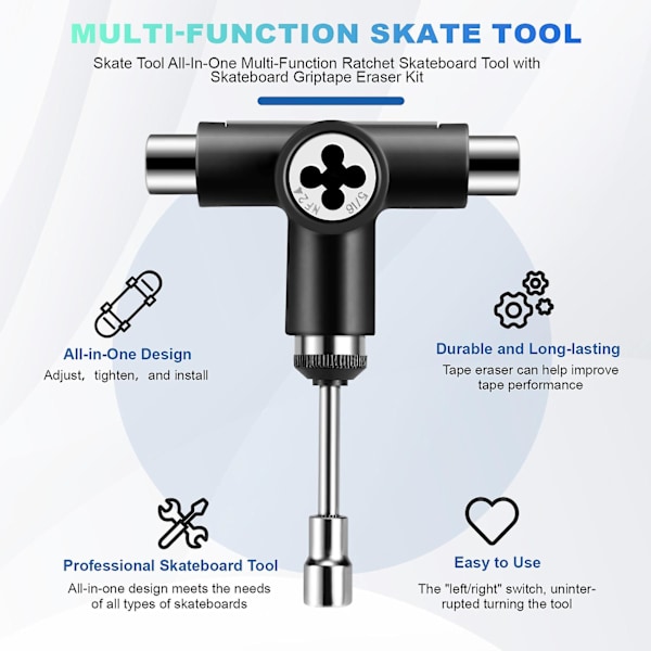 Skate Tool Allt-i-ett multifunksjons Ratchet Skateboard Tool med Skateboard Griptape Eraser Kit