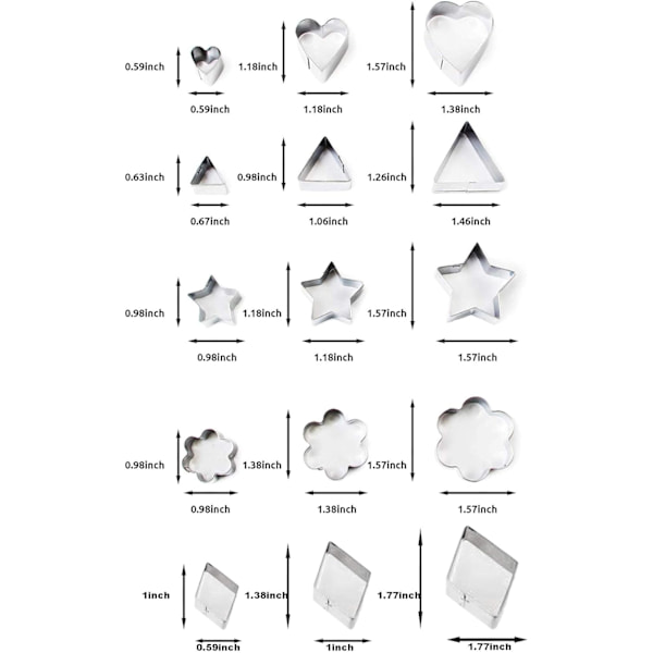 30 små kakformar för att skära polymerlera, smördeg, pajskal och frukt - stjärna, blomma, hexagon, hjärta, kvadrat, triangel, oval, metallkakform