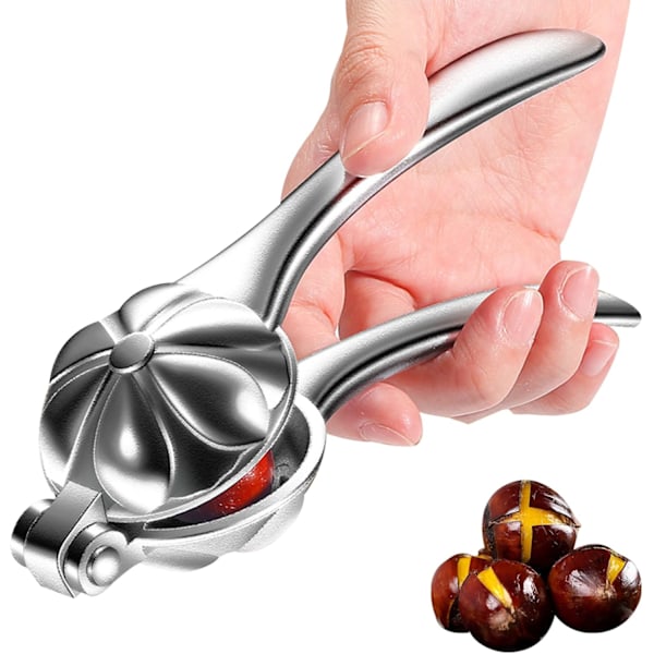 Kastanjeknækker i aluminiumlegering - bærbar med tværskærer og rillet bakke - ergonomisk nøddeknækker