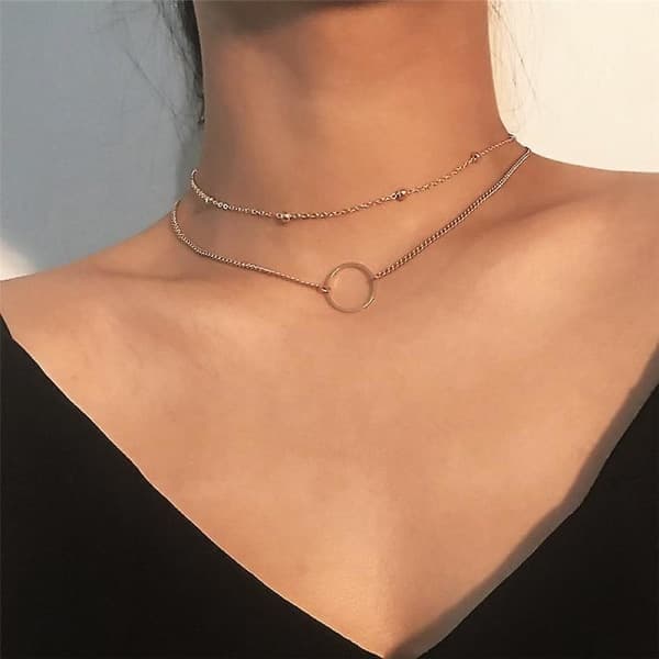 Vintage Ring-anheng Boho Chic Choker Halskjede Sølv