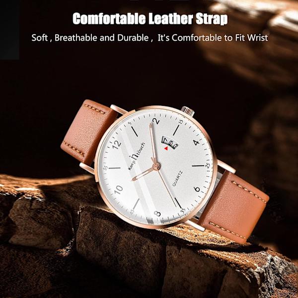 Herrarmbandsur Vattentätt Analog Kvartsur för Män Casual Luminous Watch Enkel Design Armbandsur Datumkalender Klockor, Vit Brun, L