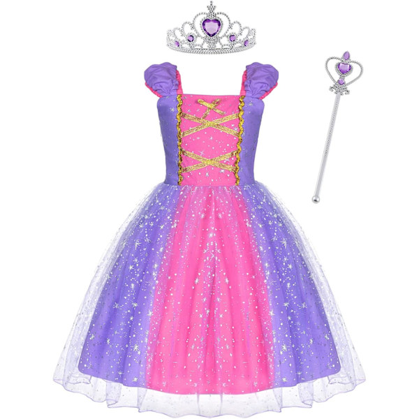 Rapunzel Kjole til Piger med Tryllestav & Krone, Børns Cosplay Festkostume til Halloween 110 cm