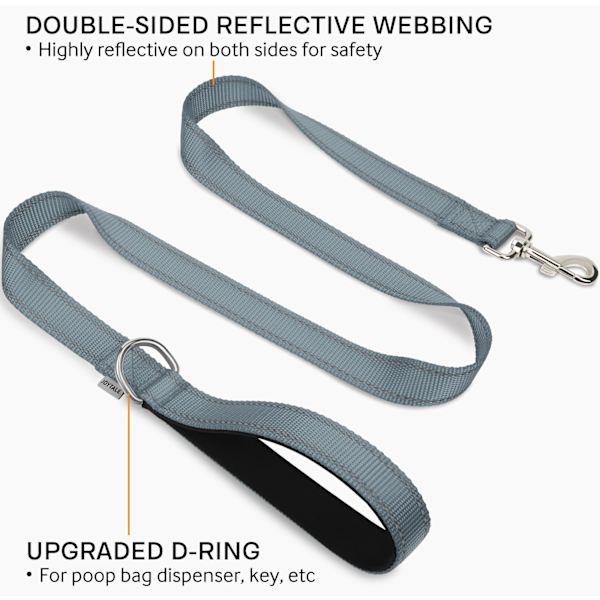 Reflekterende Hundeleie, Polstret Håndtak Nylon, 5FT Grå for Mellomstore og Store Hunder Grey 5 ft Standard