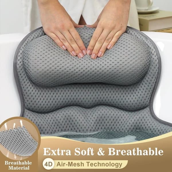Lollanda Bath Pillow - Ergonomic Neck & Back Support, 4D Air Mesh, with 6 Suction Cups Grå